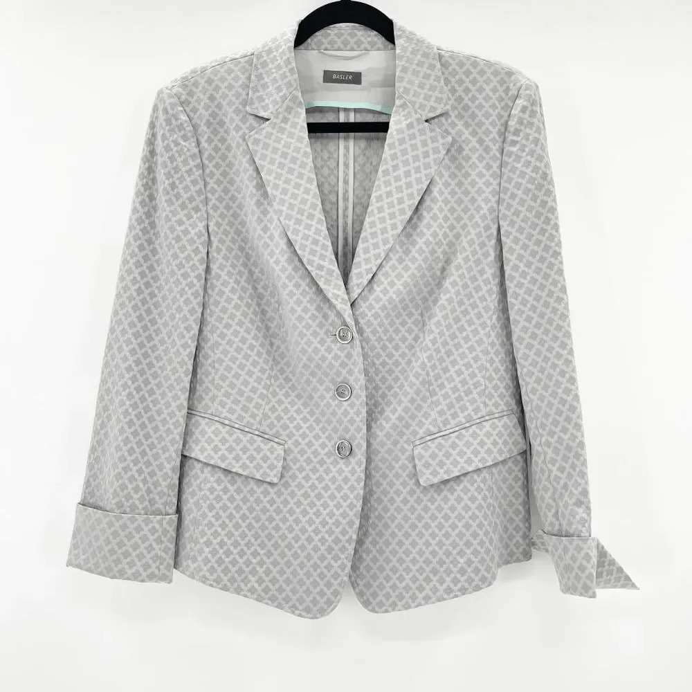 Basler Printed Blazer Jacket Women's Size 42 / 10 Gray Notch Lapel 3 Button Cuff